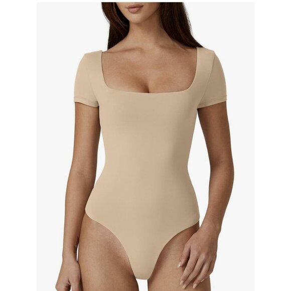 NWT QINSEN Women's Square Neck Short Sleeve Double-Layer Bodysuit Fashion - Picture 2 of 6